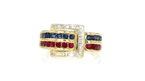 C. 1990 Vintage .55 ct. t.w. Ruby, .55 ct. t.w. Sapphire and .15 ct. t.w. Diamond Buckle Ring in 14kt Yellow Gold