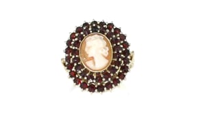 C. 1960 Vintage Brown Shell and 2.10 ct. t.w Garnet Cameo Ring in 14kt Yellow Gold
