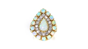 C. 1980 Vintage Opal and .50 ct. t.w. Diamond Pear-Shaped Cluster Ring in 14kt Yellow Gold