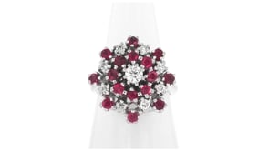 C. 1970 Vintage 1.25 ct. t.w. rubies and .60 ct. t.w. Diamond Cluster Ring in 14kt White Gold