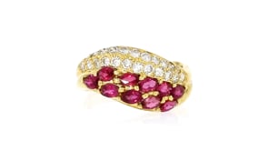 C. 1980 Vintage 1.46 ct. t.w. Ruby and .60 ct. t.w. Diamond Wave Ring in 14kt Yellow Gold
