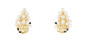 C. 1990 Vintage 5x4mm Cultured Pearl and .12 ct. t.w. Sapphire Grape Bunch Earrings in 14kt Yellow Gold