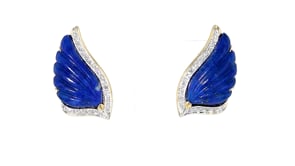 C. 1980 Vintage Carved Lapis and .36 ct. t.w. Diamond Wing Earrings in 14kt Yellow Gold