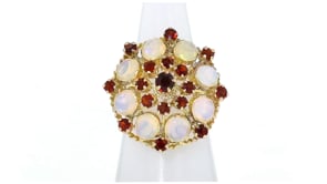 C. 1960 Vintage Opal and 1.45 ct. t.w. Ruby Cluster Ring in 14kt Yellow Gold