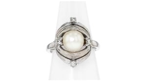 C. 1970 Vintage 7mm Cultured Pearl and .16 ct. t.w. Diamond Ring in 14kt White Gold