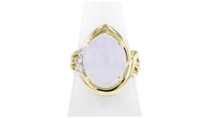 C. 1990 Vintage Lavender Jade Ring with Diamonds in 14kt Yellow Gold