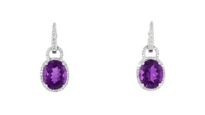 C. 1990 Vintage 7.50 ct. t.w. Amethyst and .50 ct. t.w. Diamond Hoop Drop Earrings in 14kt White Gold