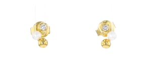 3-3.5mm Cultured Pearl and .11 ct. t.w. Lab-Grown Diamond Bead Earrings in 18kt Gold Over Sterling