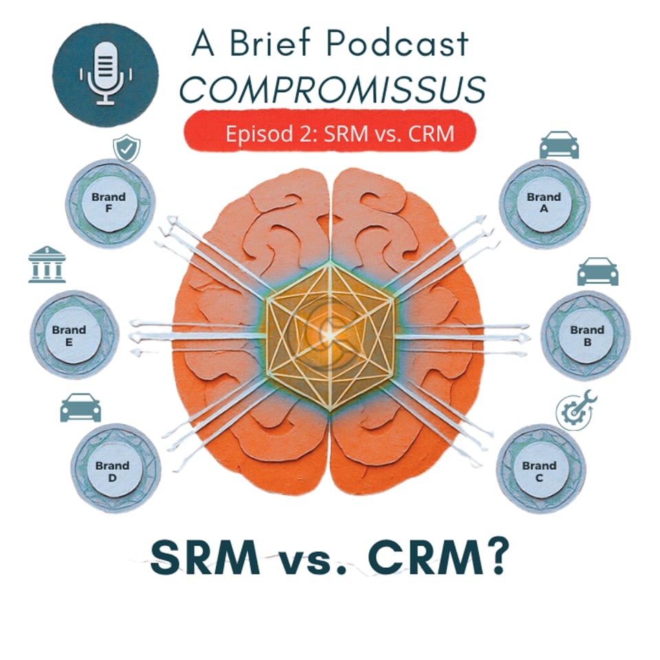Illustration of the coexistence between the brand's SRM systems and the transversal CRM structuring in automotive retail, focused on entity management and historical truth.