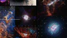 Freeze-frame from opening sequence, featuring a mosaic of different images of space, including a planet with rings, dusty pillars, and different nebulas. 