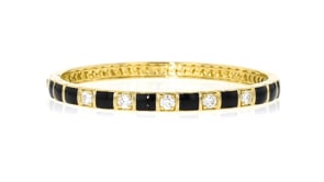 1.10 ct. t.w. Lab-Grown Diamond and Black Enamel Bangle Bracelet in 18kt Gold Over Sterling