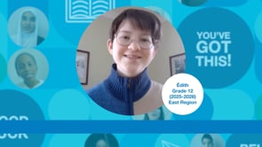 Grade 12 student with short brown hair, wearing glasses and a blue and white sweater, facing the camera. Photo centred on a blue graphic background.
