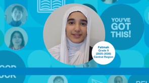 Grade 9 student wearing a light grey hijab and a black top, standing upright and facing the camera. Photo centred on a blue graphic background.