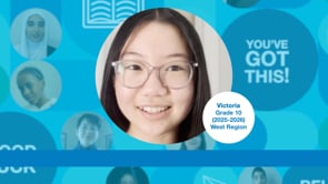 Grade 10 student with long dark hair, wearing glasses, upright and facing the camera. Photo centred on a blue graphic background.