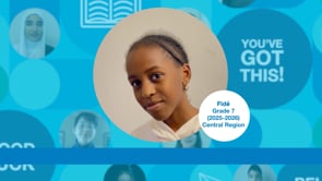 Grade 7 student with black hair in braids, wearing a light top, standing upright and facing the camera. Photo centred on a blue graphic background.