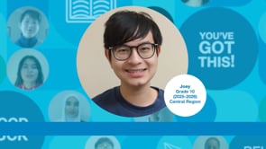 Grade 10 student with short dark hair, wearing glasses and a blue t-shirt, upright and facing the camera. Photo centred on a blue graphic background.