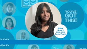 Grade 9 student with long dark hair, wearing a black top, standing upright and facing the camera. Photo centred on a blue graphic background.