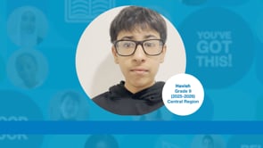 Grade 9 student with short dark hair, wearing glasses and a black hoodie, upright and facing the camera. Photo centred on a blue graphic background.