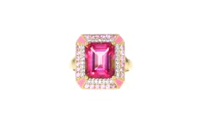 5.75 Carat Pink Topaz Ring with .50 ct. t.w. Pink Sapphires, .20 ct. t.w. White Zircons and Pink Enamel in 18kt Gold Over Sterli