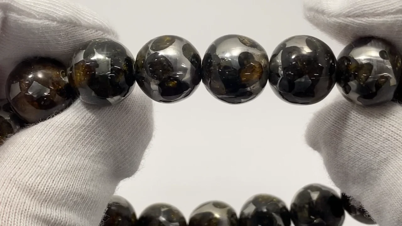 動画】【1点もの】ケニア産セリコパラサイト隕石 ラウンド12mm 1連