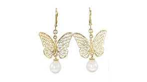 14kt Yellow Gold-Plated Filigree Butterfly Drop Earrings with 8-8.5mm Cultured Pearls