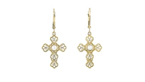 14kt Yellow Gold-Plated Filigree Cross Drop Earrings with 4mm Cultured Pearls