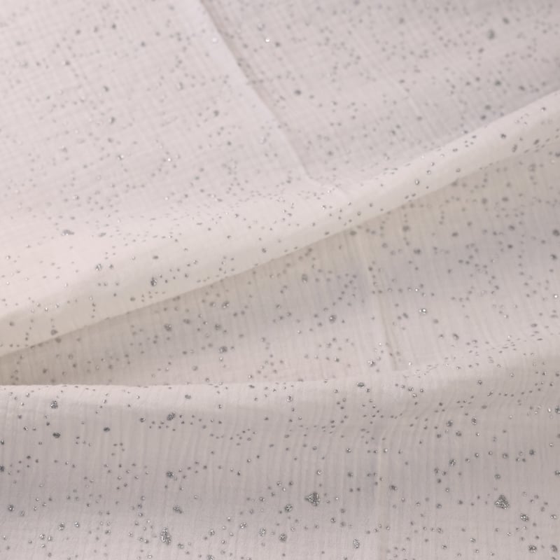 Vidéo: Double gaze 100% coton - Paillettes argentées sur fond blanc cassé