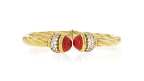 Italian Carnelian and 1.30 ct. t.w. CZ Twisted Cuff Bracelet in 18kt Gold Over Sterling