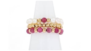 3-4mm Cultured Pearl and 3-3.5mm Pink Tourmaline Bead Jewelry Set: Three Stretch Rings with 10kt Yellow Gold