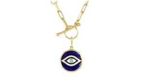 .70 ct. t.w. White Topaz, Turquoise and Multicolored Enamel Evil Eye Charm in 18kt Gold Over Sterling