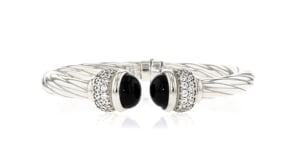 Italian Black Onyx and 1.30 ct. t.w. CZ Twisted Cuff Bracelet in Sterling Silver