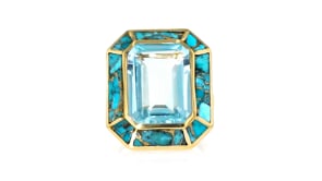 13.00 Carat Swiss Blue Topaz and Turquoise Ring in 18kt Gold Over Sterling