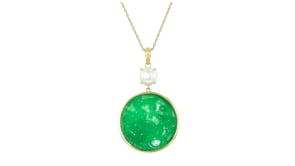 Carved Jade and 8-8.5mm Cultured Pearl Pendant Necklace in 18kt Gold Over Sterling