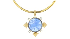 Italian Tagliamonte Blue Venetian Glass Lion Pendant with 1.00 ct. t.w. Sky Blue Topaz in 18kt Gold Over Sterling