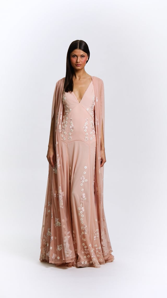 AZRIELLA EMBROIDERED MAXI GOWN CAPE in DEEP PEARL BLUSH MULTI