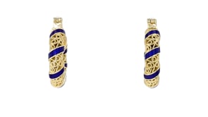 14kt Yellow Gold-Plated Filigree Hoop Earrings with Blue Enamel