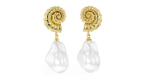 14kt Yellow Gold-Plated Seashell Drop Earrings with Simulated Baroque Pearls