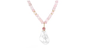 14kt Yellow Gold-Plated Necklace with 35.00 ct. t.w. Rose Quartz Beads, Simulated Pink Gem and Pearl