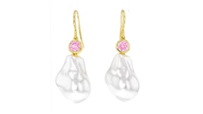 14kt Yellow Gold-Plated Drop Earrings with Simulated Pink Gemstones and Pearls