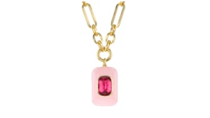 14kt Yellow Gold-Plated Necklace with Simulated Pink Gemstone and Pink Enamel