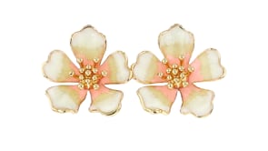 14kt Yellow Gold-Plated Flower Earrings with White and Pink Enamel