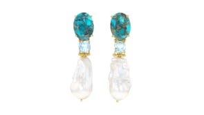 12-13mm Cultured Pearl and 2.80 ct. t.w. Sky Blue Topaz Drop Earrings with Turquoise in 18kt Gold Over Sterling