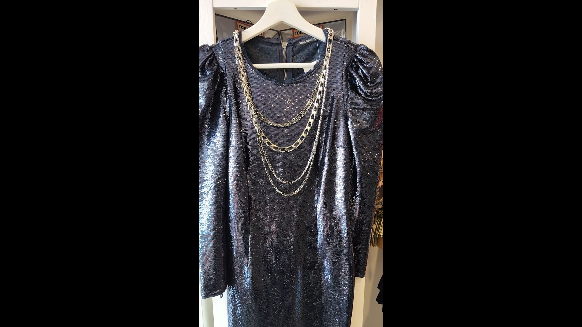 Balmain Navy sequined mini dress with silver chains