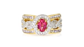 1.00 Carat Pink Topaz Ring with .50 ct. t.w. Tanzanites and .30 ct. t.w. White Zircons in 18kt Gold Over Sterling