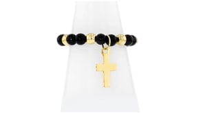 3mm Onyx and 10kt Yellow Gold Bead Stretch Ring with Cross Charm