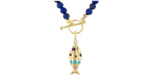 Blue and Purple Enamel Fish Charm with Iolites and Single Amethyst in 18kt Gold Over Sterling