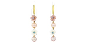 Multicolored Mother-of-Pearl, 6-6.5mm Cultured Pearl and .20 ct. t.w. Multi-Gemstone Flower Drop Earrings in 18kt Gold Over Ster
