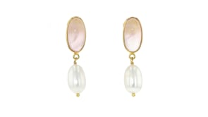 8x13mm Cultured Pearl and 7.00 ct. t.w. Rose Quartz Drop Earrings in 18kt Gold Over Sterling