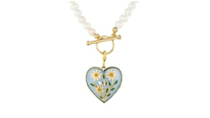 Blue Chalcedony Heart Charm with Multicolored Enamel Daisies in 18kt Gold Over Sterling