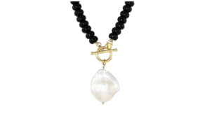13-15mm Cultured Baroque Pearl and 6mm Onyx Bead Toggle Necklace in 18kt Gold Over Sterling